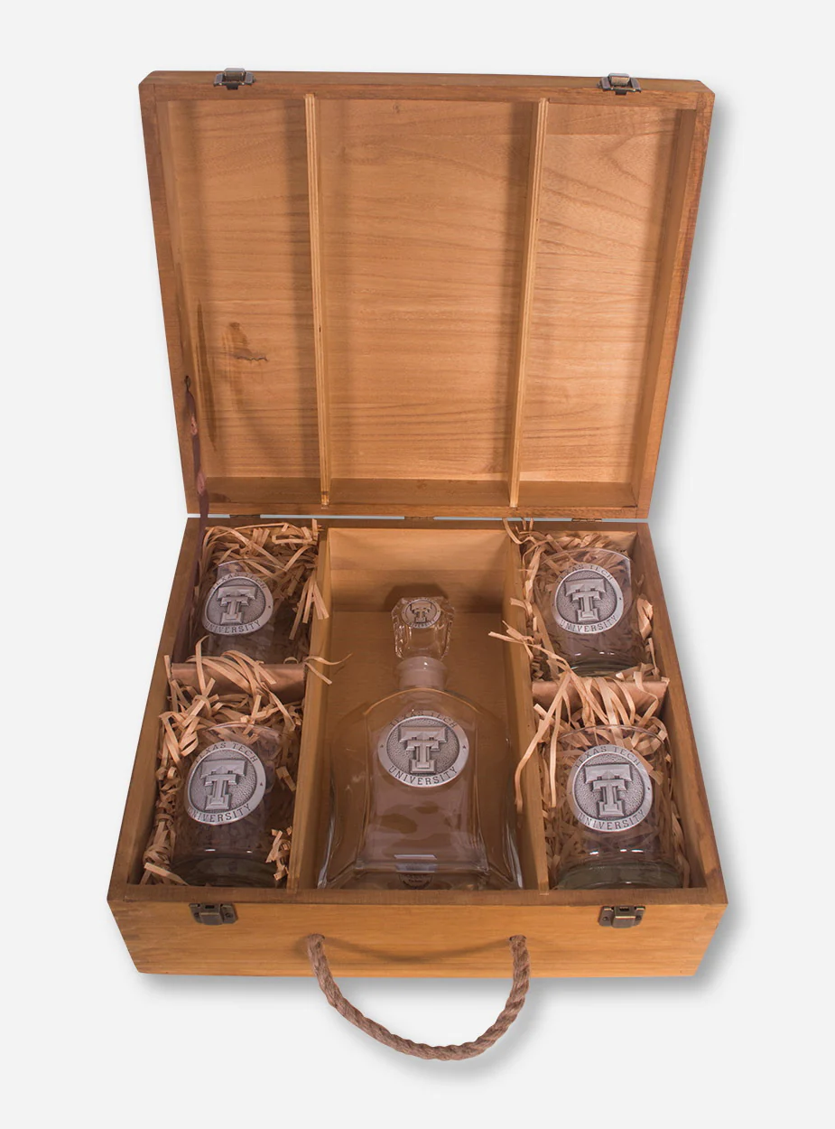 Heritage Pewter Texas Tech Emblem Liquor Decanter and Glasses in Wooden Gift Box - Image 3