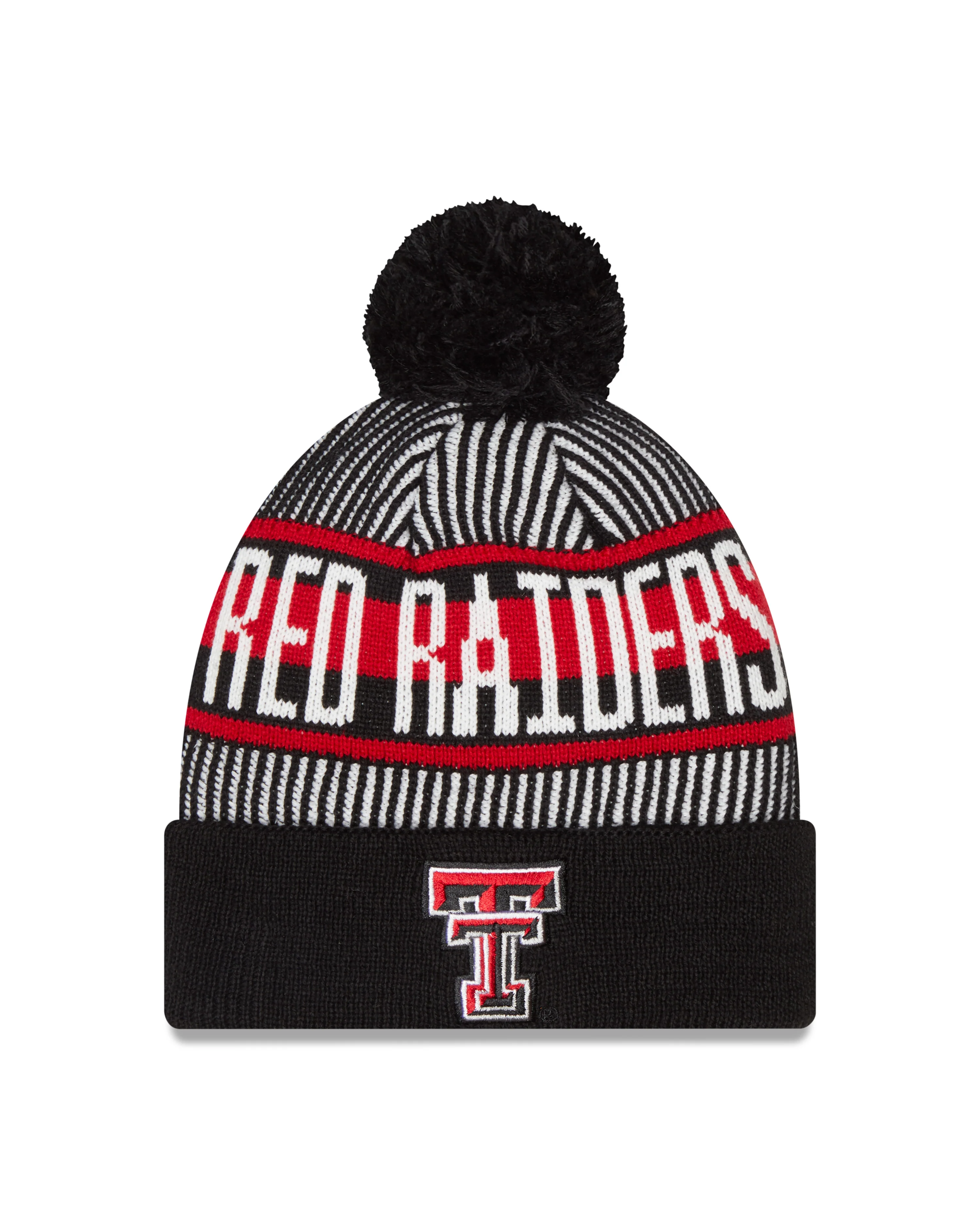New Era Double T Red Raiders "Knit Stripe" Cuffed Beanie w/ Pom