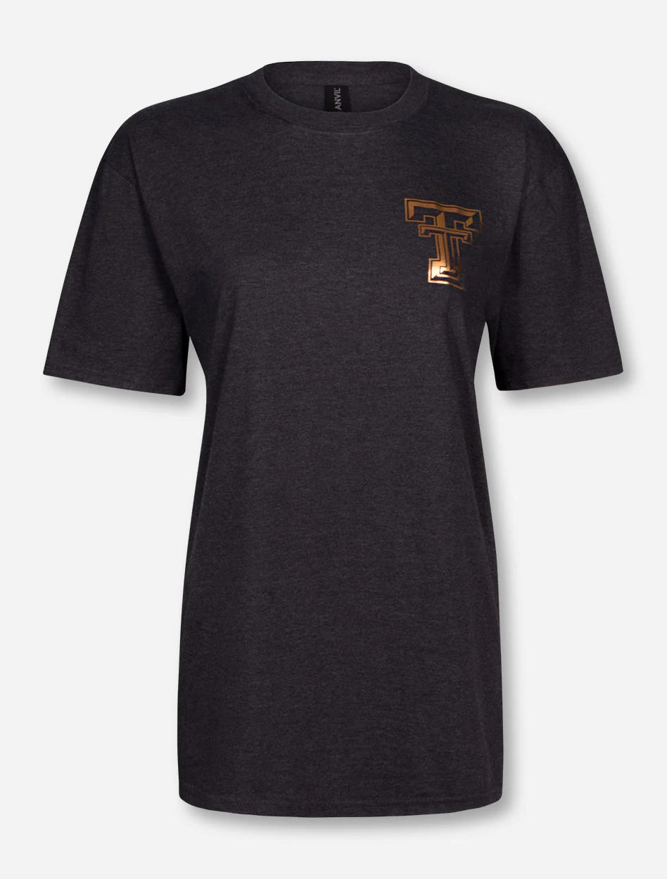 Rose Gold Foil Texas Tech on Heather Charcoal T-Shirt - Image 2