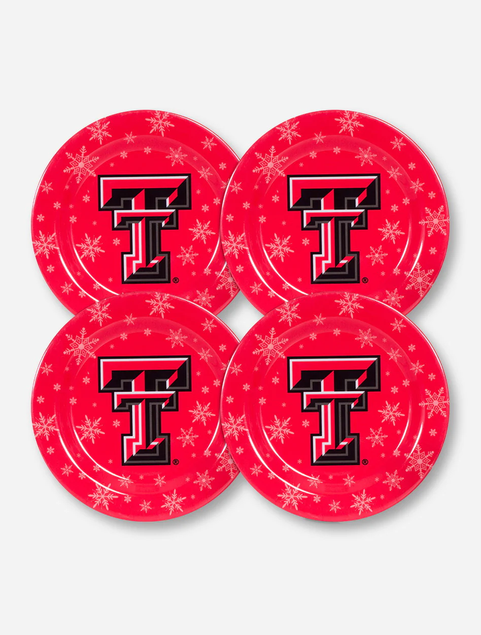 Set of 4 Texas Tech Double T with Snowflakes on Red Plates