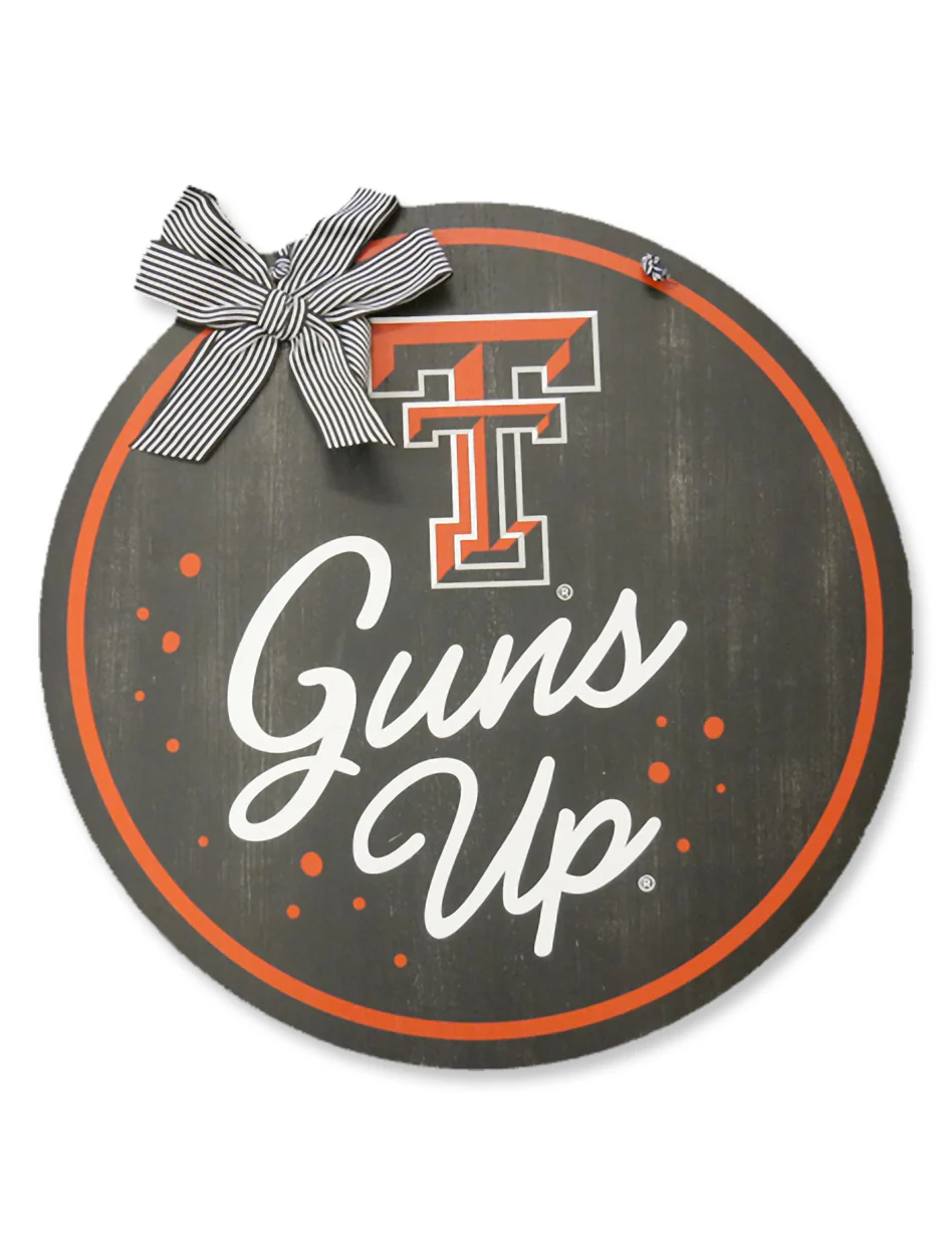 Texas Tech 20" Round Guns Up Wood Door Hanger