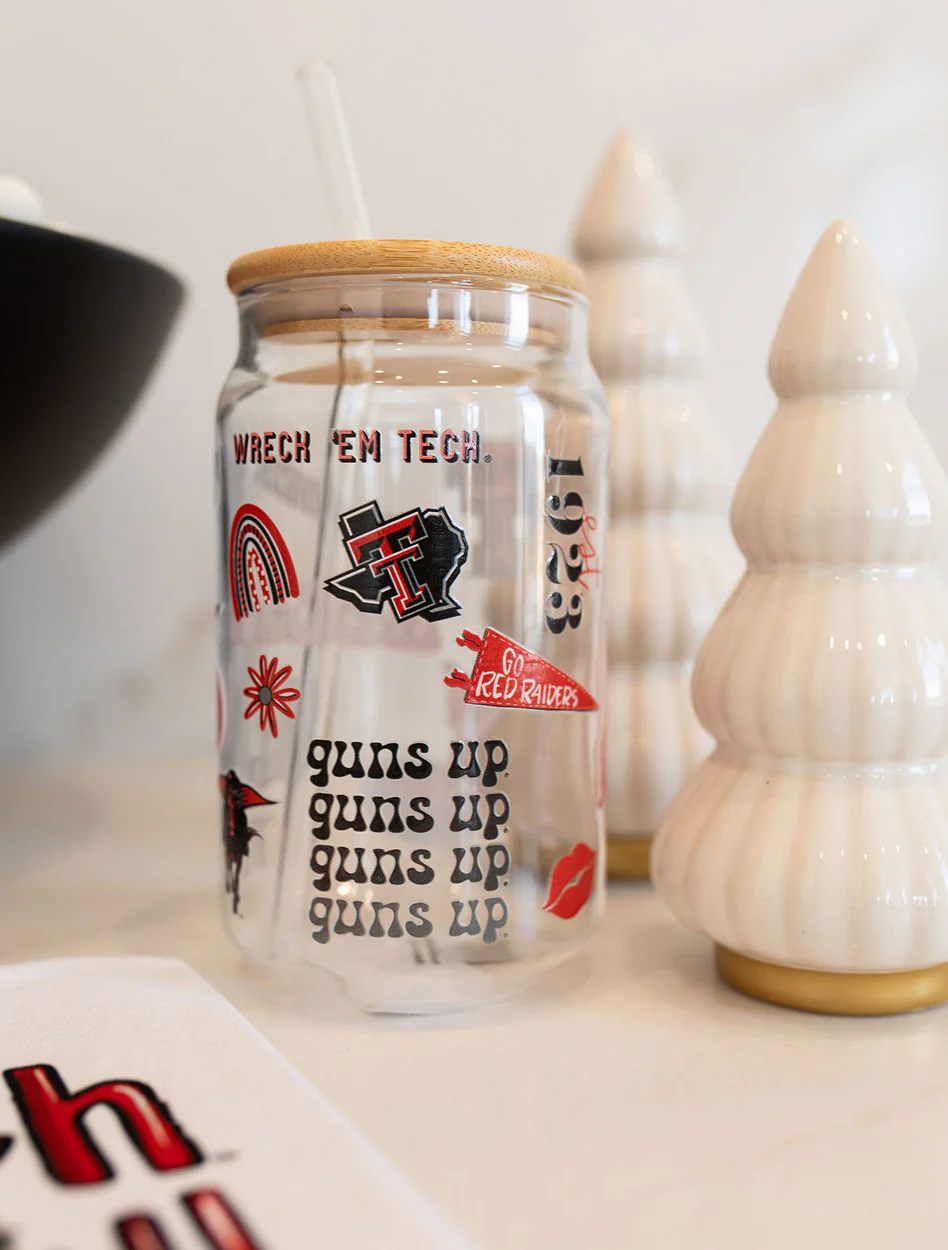 Texas Tech "Collage" 16oz Glass Tumbler w/ Bamboo Lid and Straw