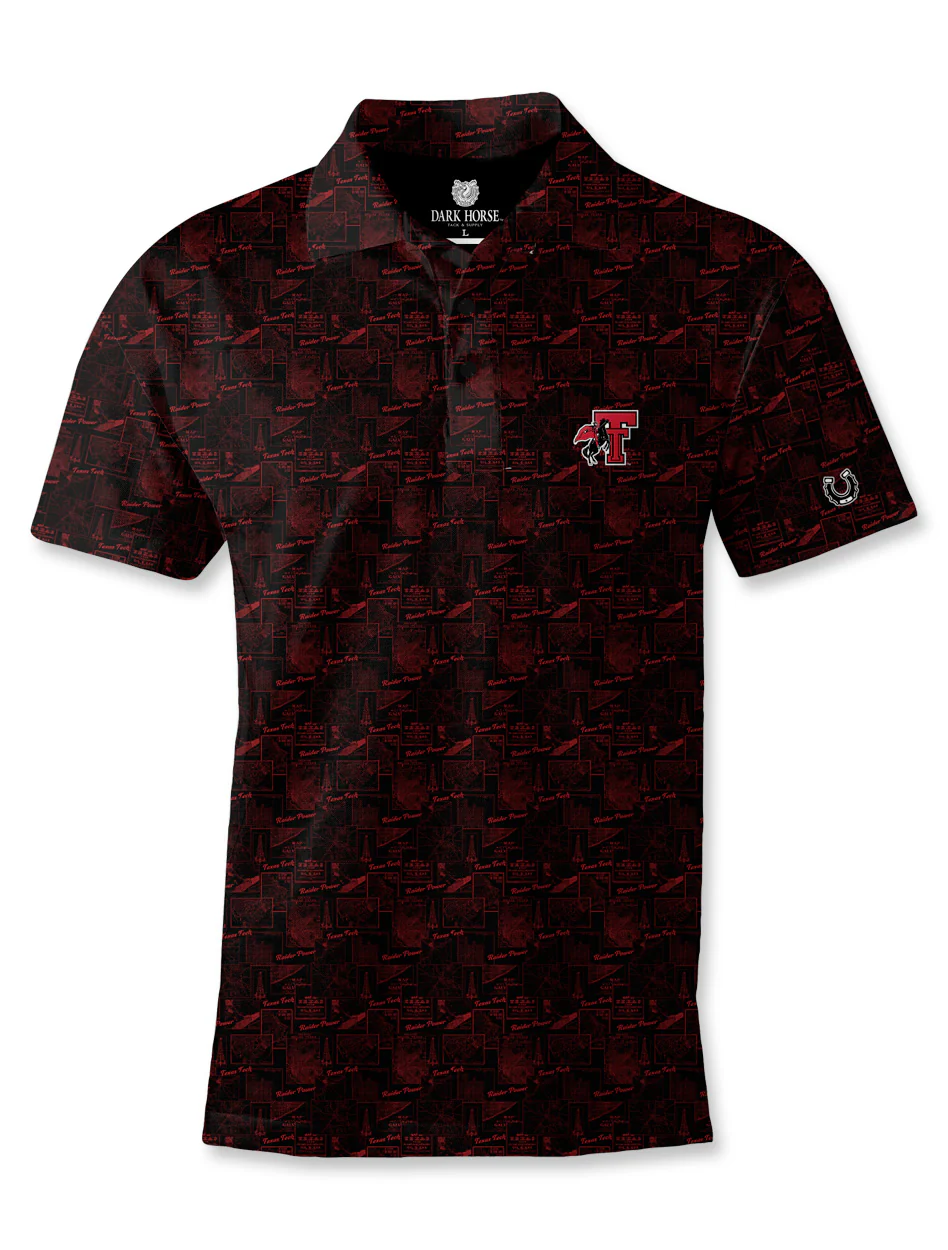 Texas Tech Dark Horse Raider Power "Monochrome Map" Premium Black Polo
