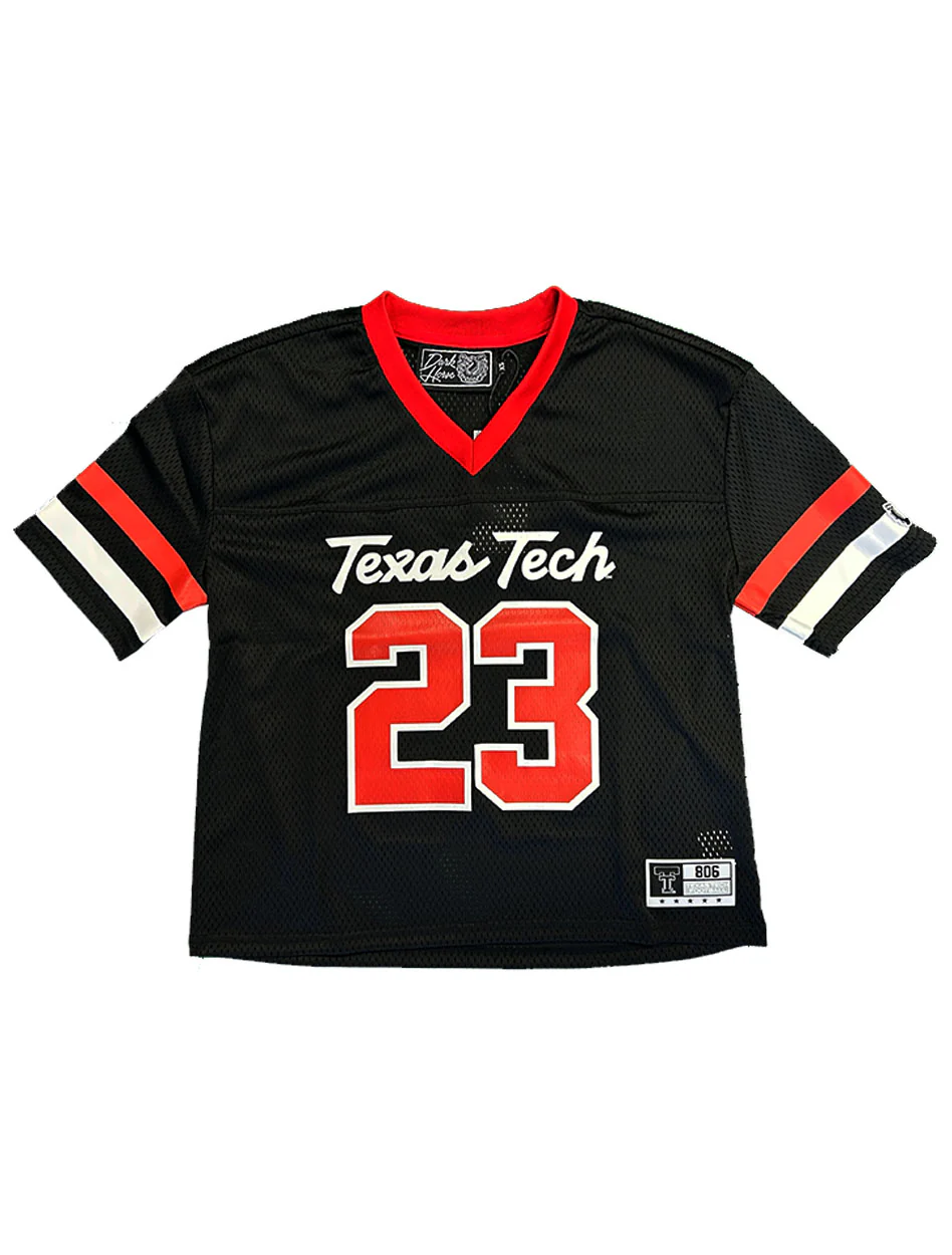 Texas Tech Dark Horse "Star Script" Black Mesh Crop Top