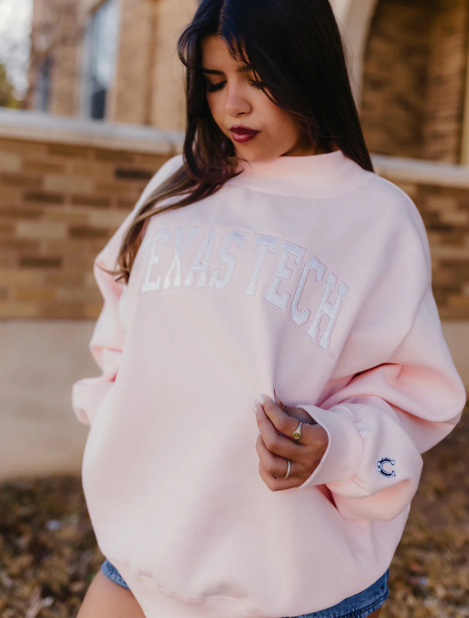 Texas Tech Dark Horse "Varsity Arch" Pink Mock Neck Sweatshirt - Image 2