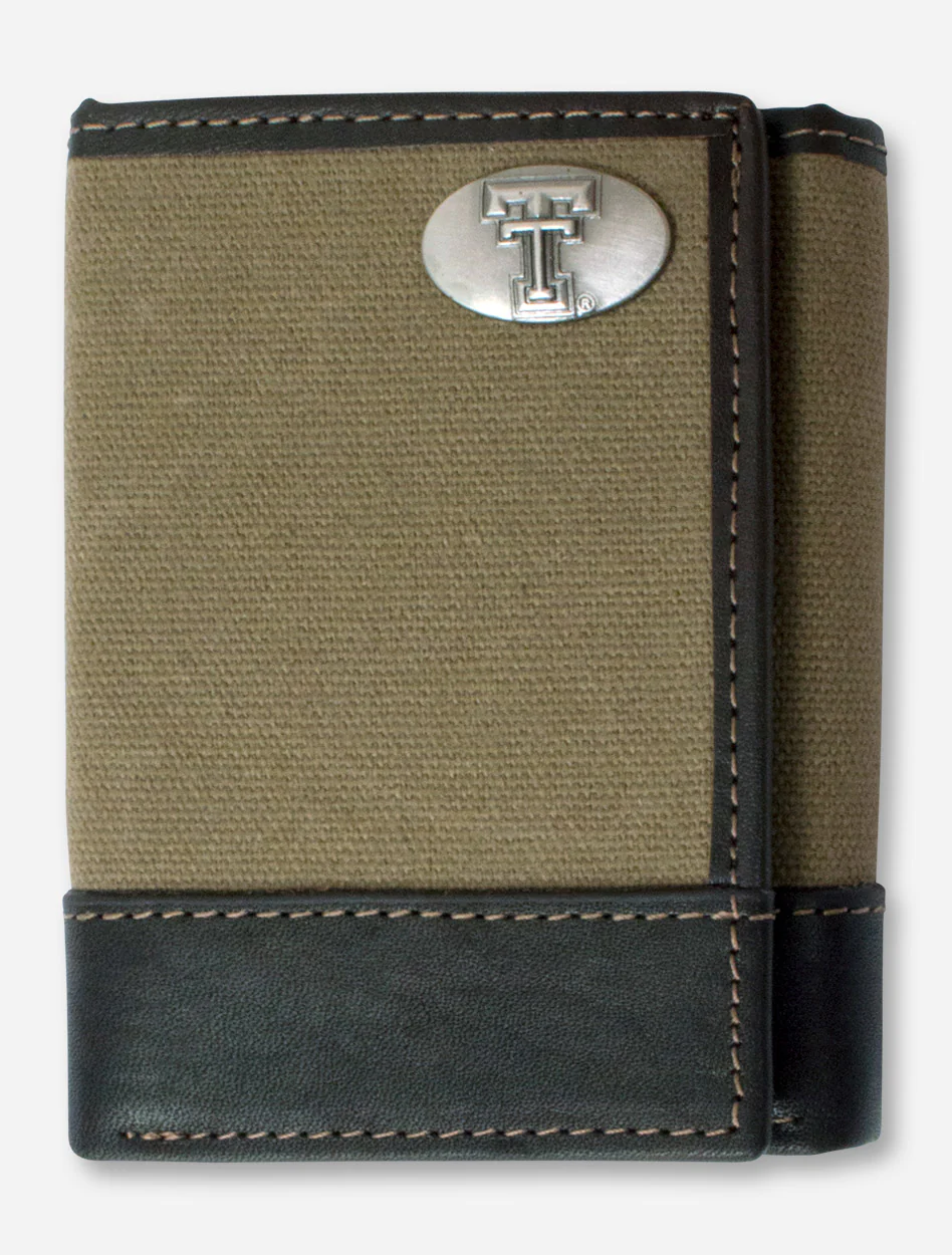 Texas Tech Double T Emblem on Trifold Moss Green Canvas Wallet