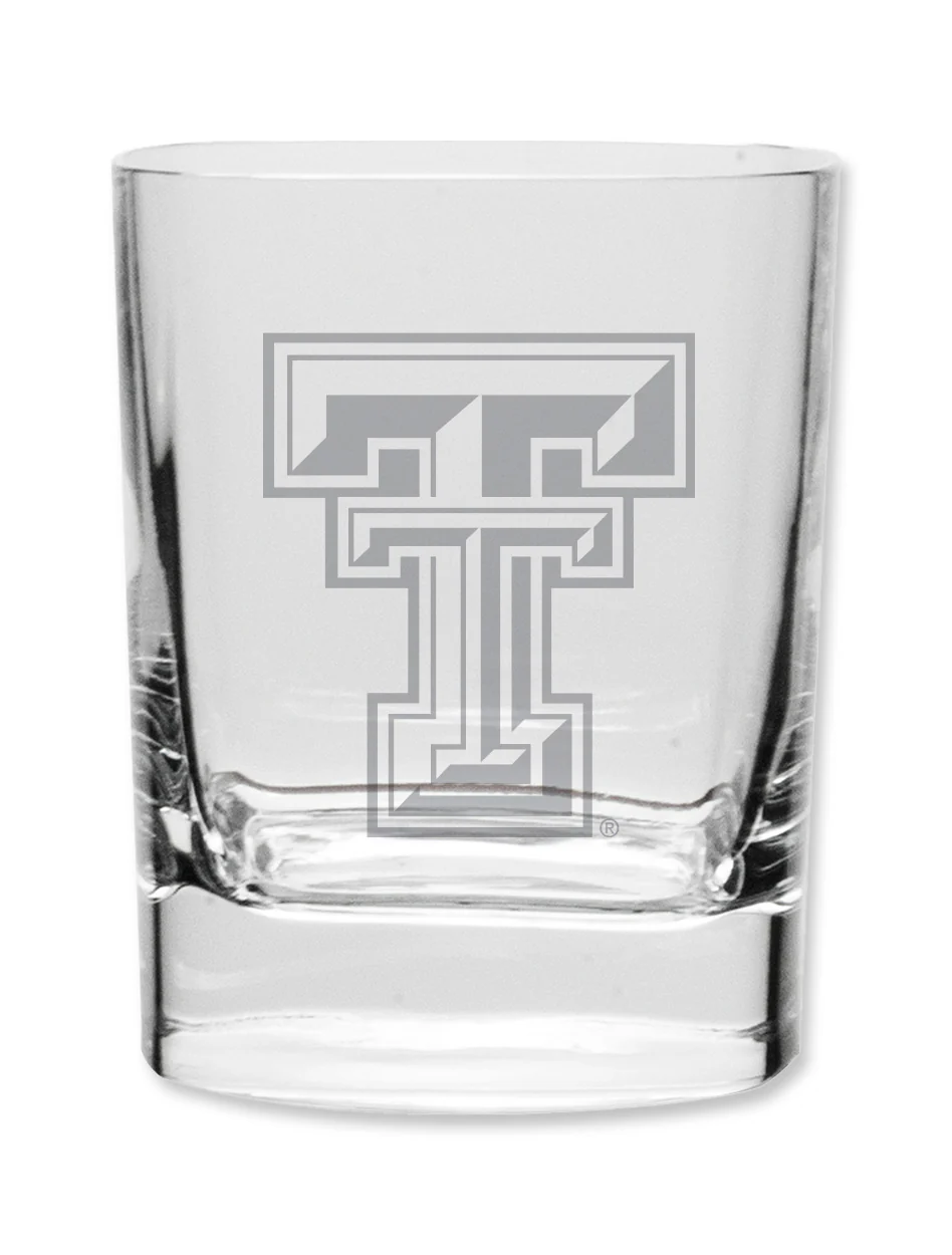 Texas Tech Etched Double T on an 11.75 oz Square Double Old Fashion Glass