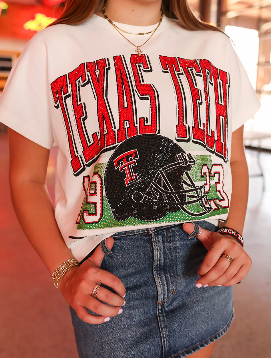 Texas Tech Full Rhinestone "Helmet on Field" French Terry Short Sleeve Blouse