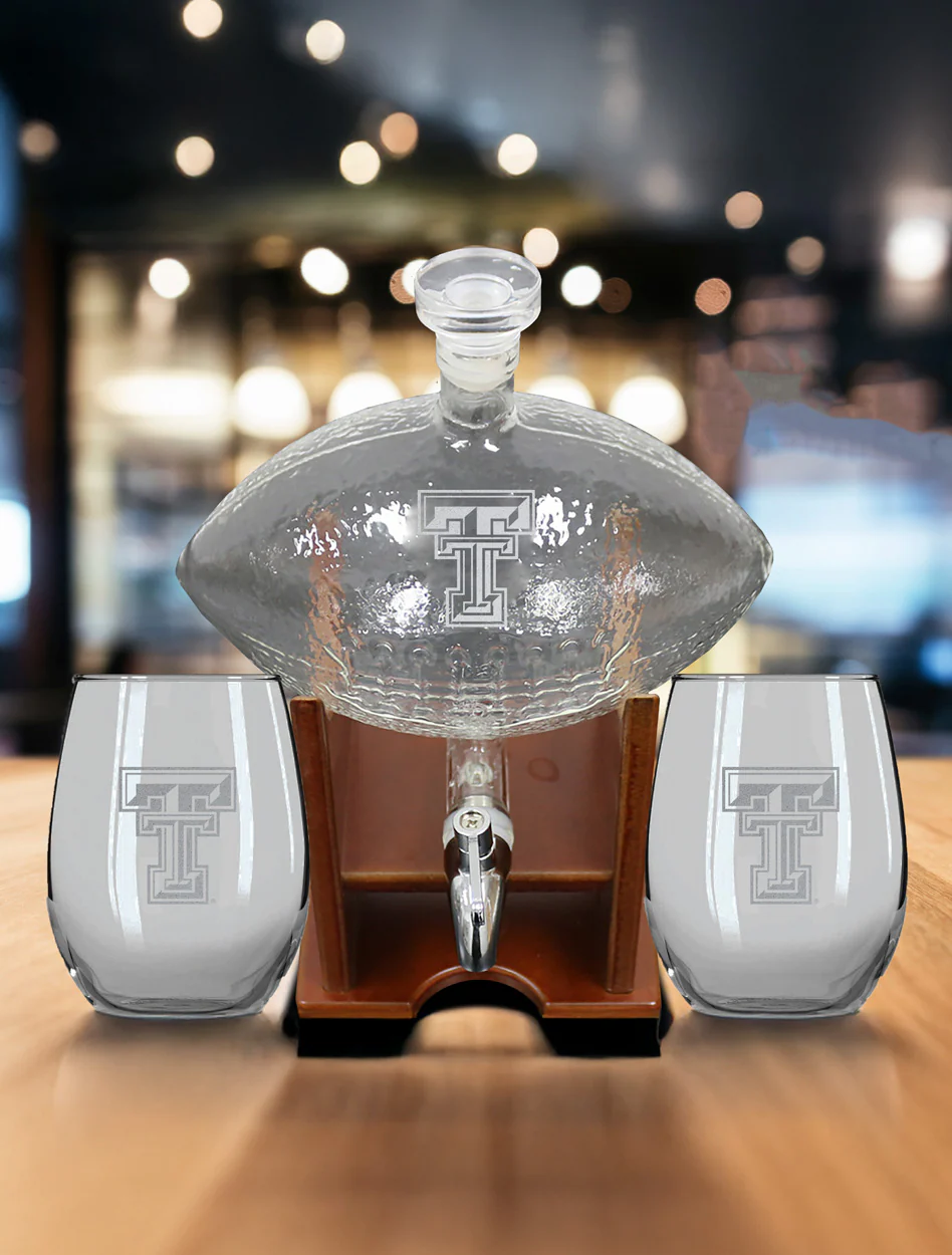 Texas Tech Double T 48oz Football Decanter and 2 Rocks Glasses