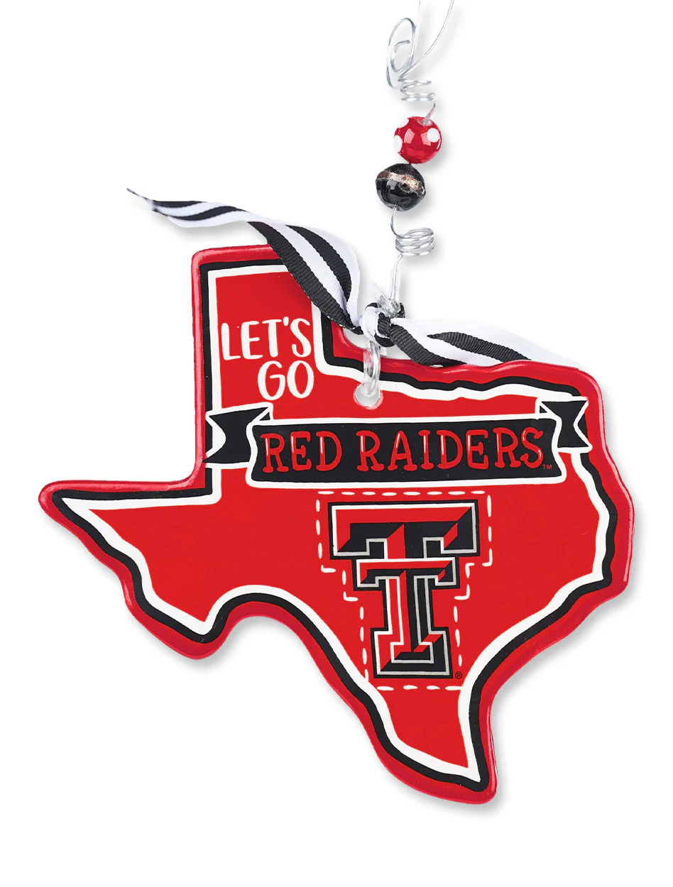 Texas Tech "Let's Go Red Raiders" Flat State of Texas Ceramic Ornament