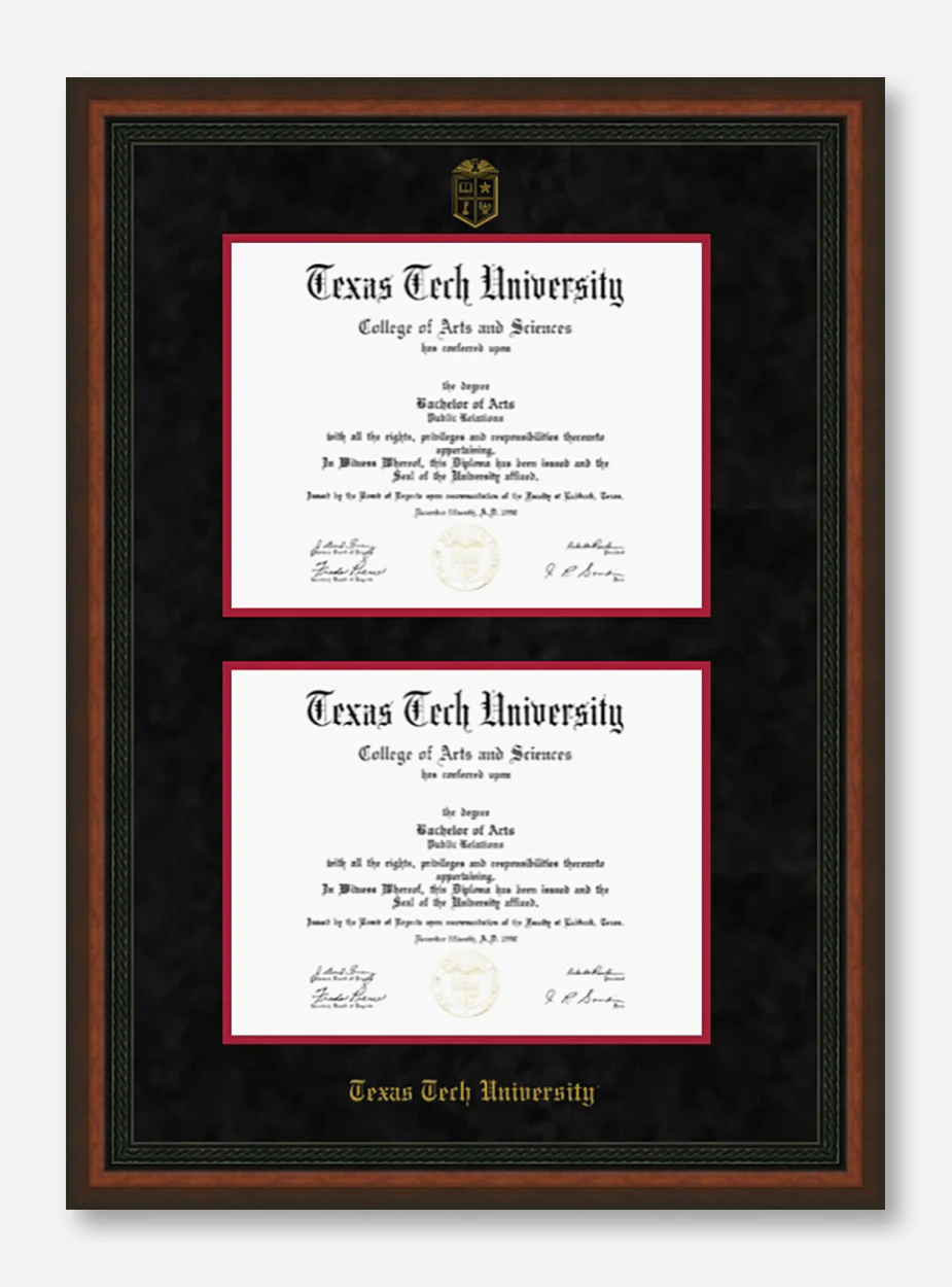 Texas Tech Mahogany Rope Black Suede Double Mat Diploma Frame T18