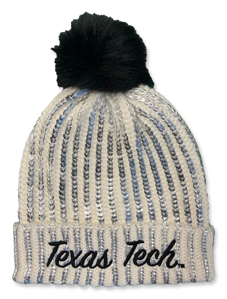 Texas Tech "Metallic" Cable Knit Fur Pom Beanie - Image 2