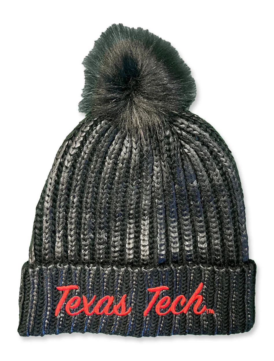 Texas Tech "Metallic" Cable Knit Fur Pom Beanie - Image 3