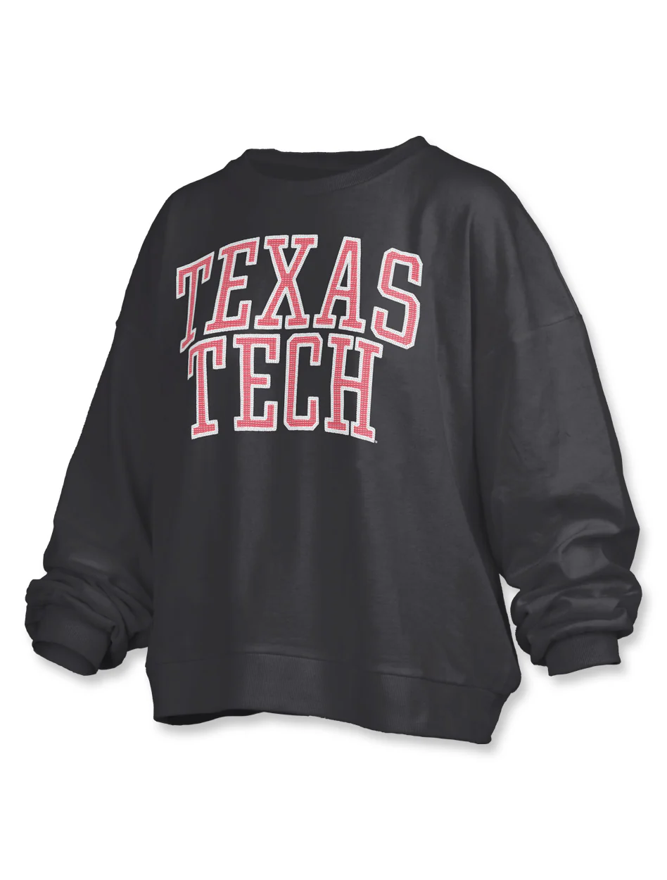 Texas Tech Press Box "School Sequins" Long Sleeve Oversized Fleece Crew Sweatshirt
