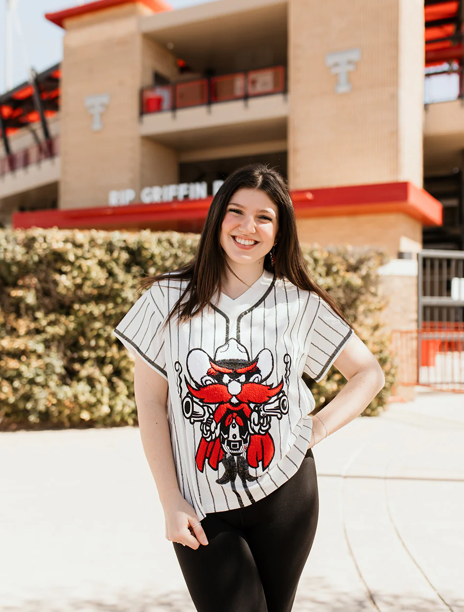 Texas Tech Queen of Sparkes "Slugerette" Raider Red V Neck Jersey Top