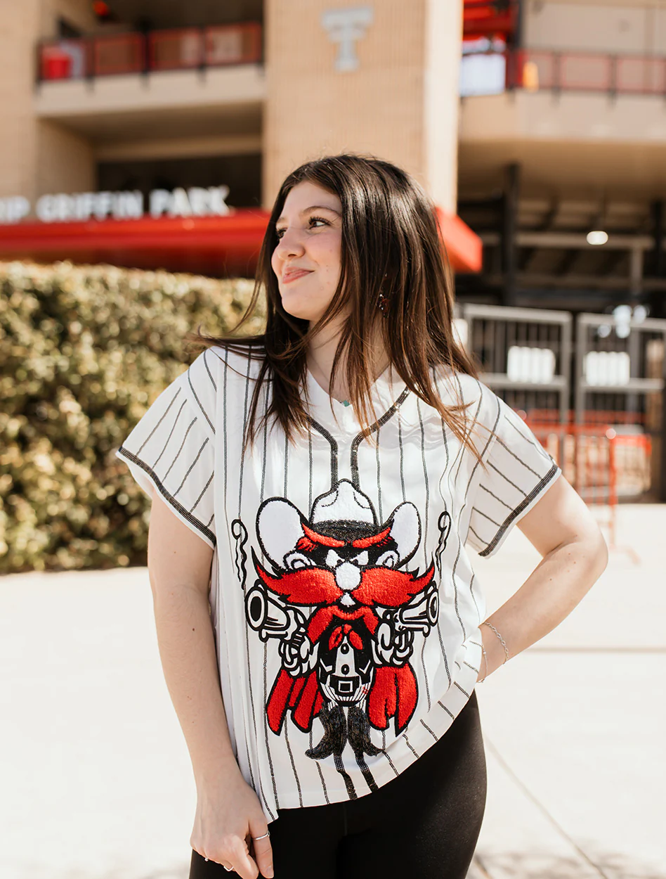 Texas Tech Queen of Sparkes "Slugerette" Raider Red V Neck Jersey Top - Image 3