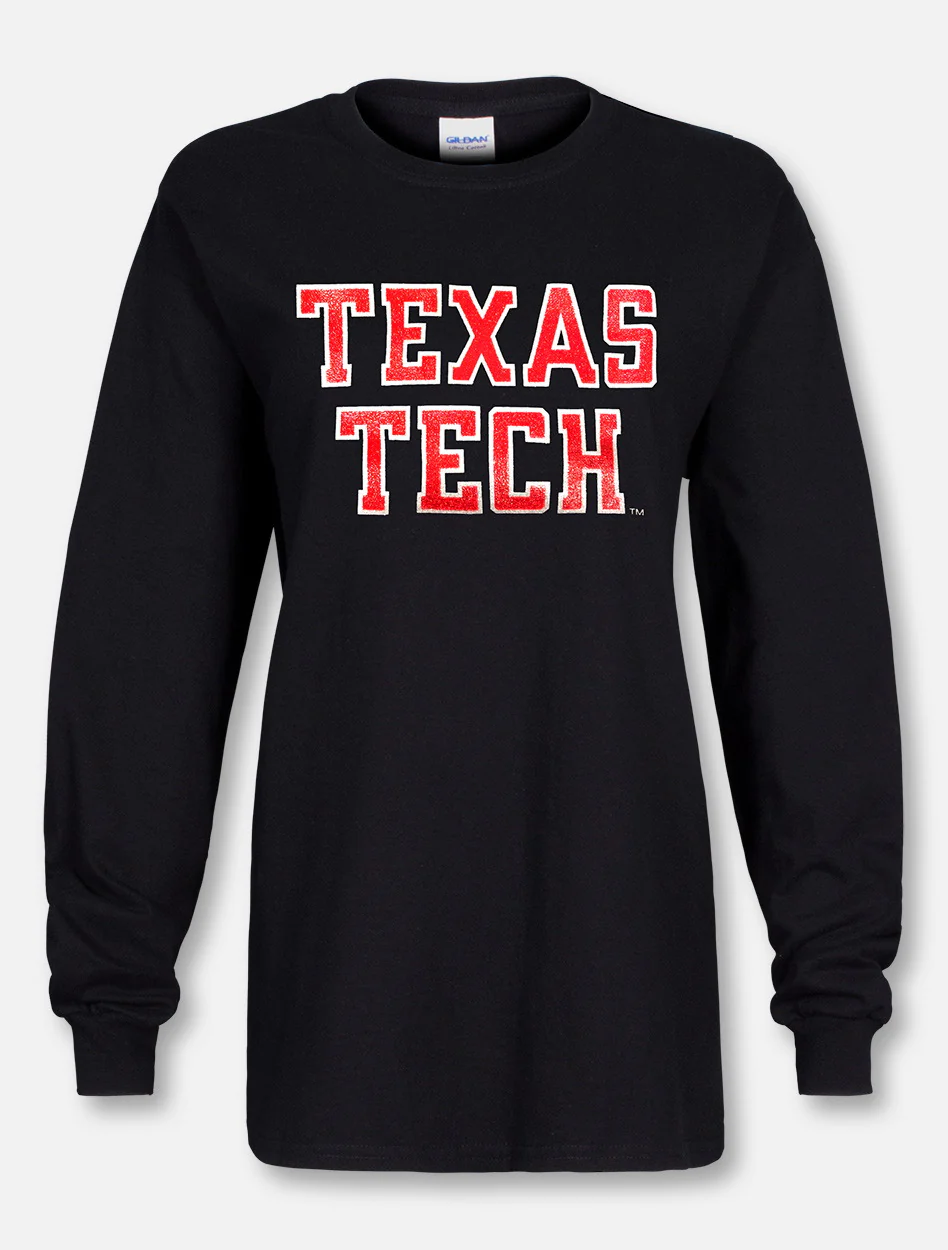 Texas Tech Red Raiders "Rugged Glitter Football Font" Long Sleeve T-Shirt