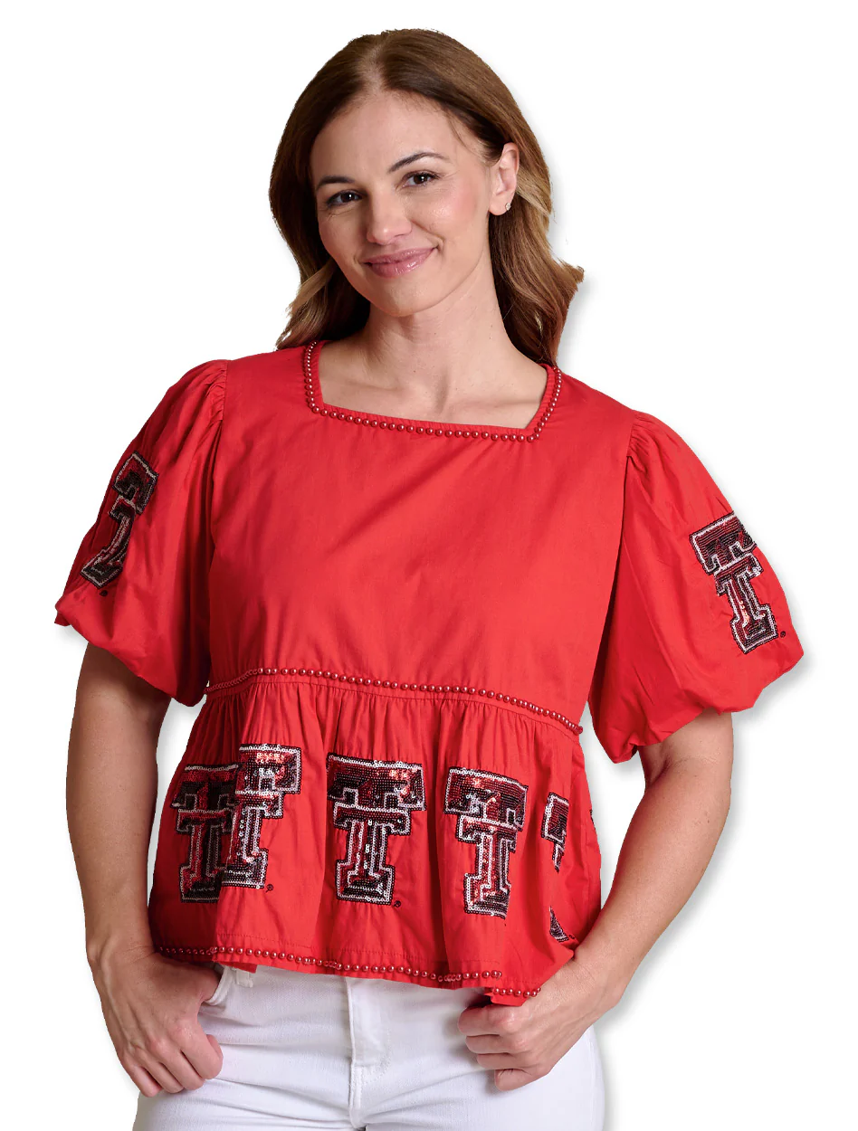 Texas Tech Stewart Simmons "Puff Sleeve Peplum" Top