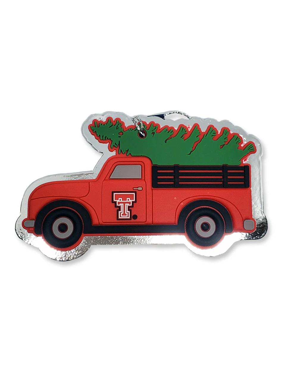 Texas Tech Throwback Double T Truck With Tree Flat Christmas Ornament