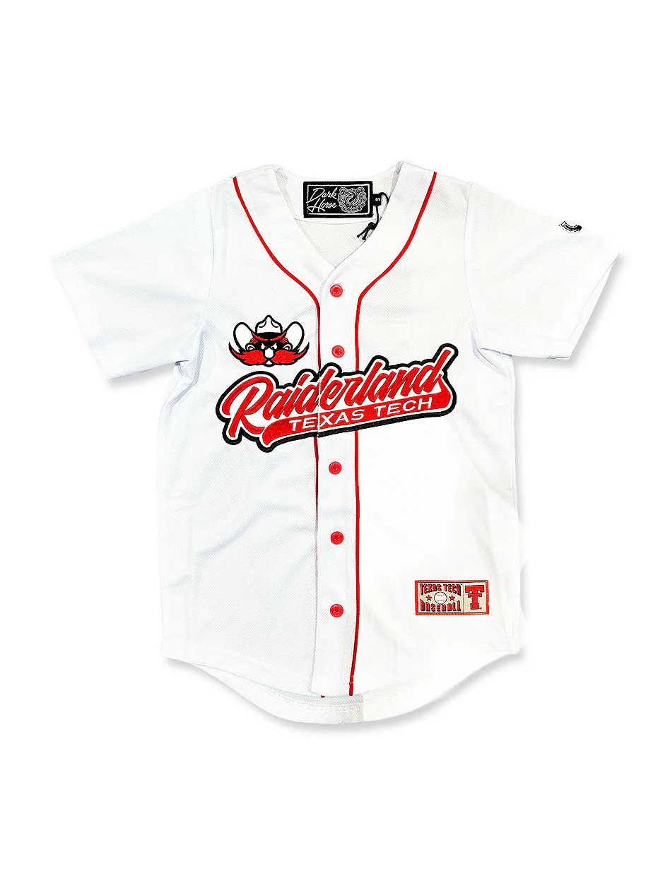 Texas Tech YOUTH Dark Horse Raider Red Script Baseball Jersey